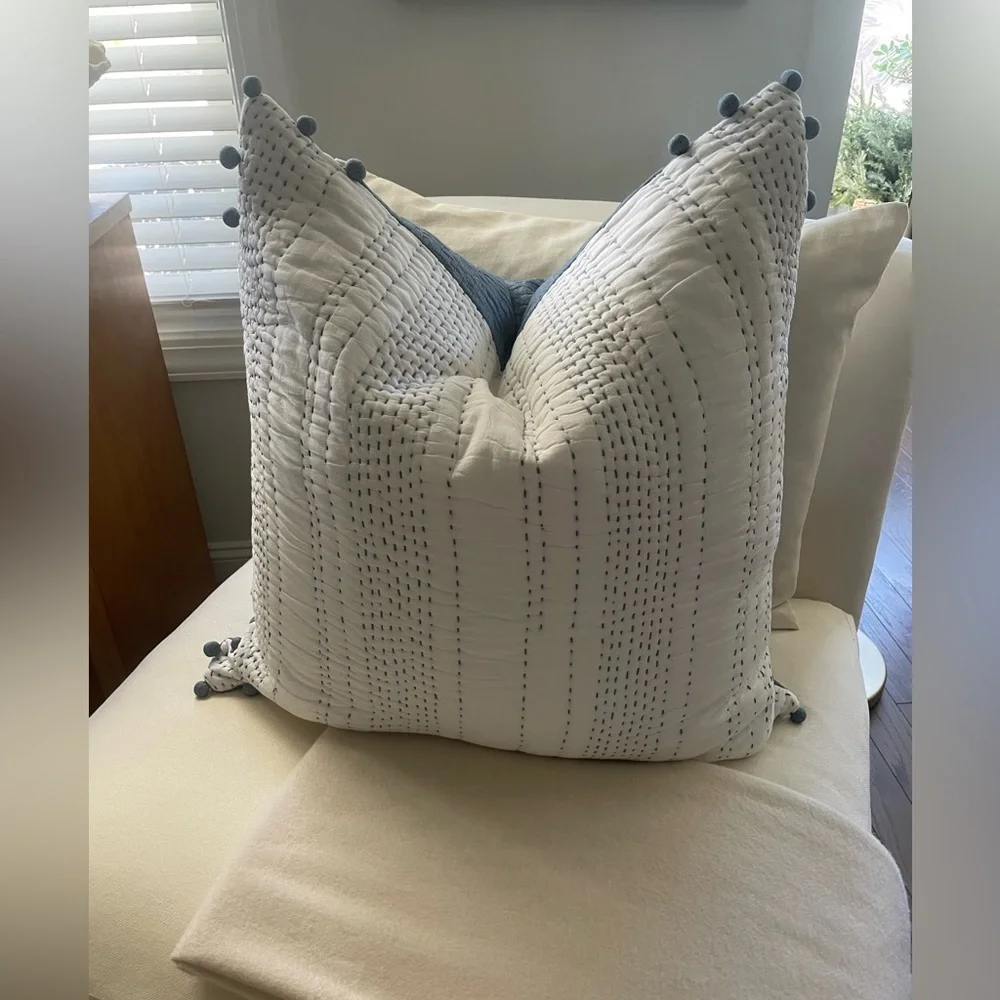 Serena & Lily Sham Ryebrook Dusty Blue White Pom Pom Euro Square